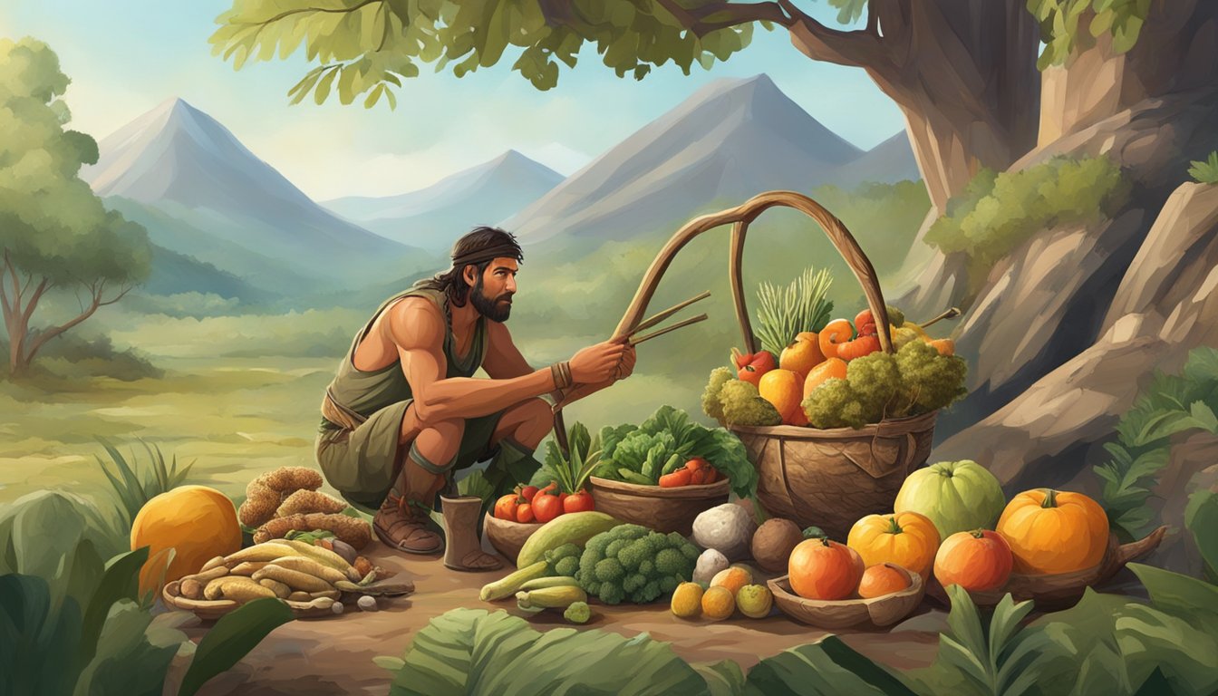 A prehistoric hunter gathers fruits, vegetables, and lean meats from the natural environment, emphasizing simplicity and natural ingredients