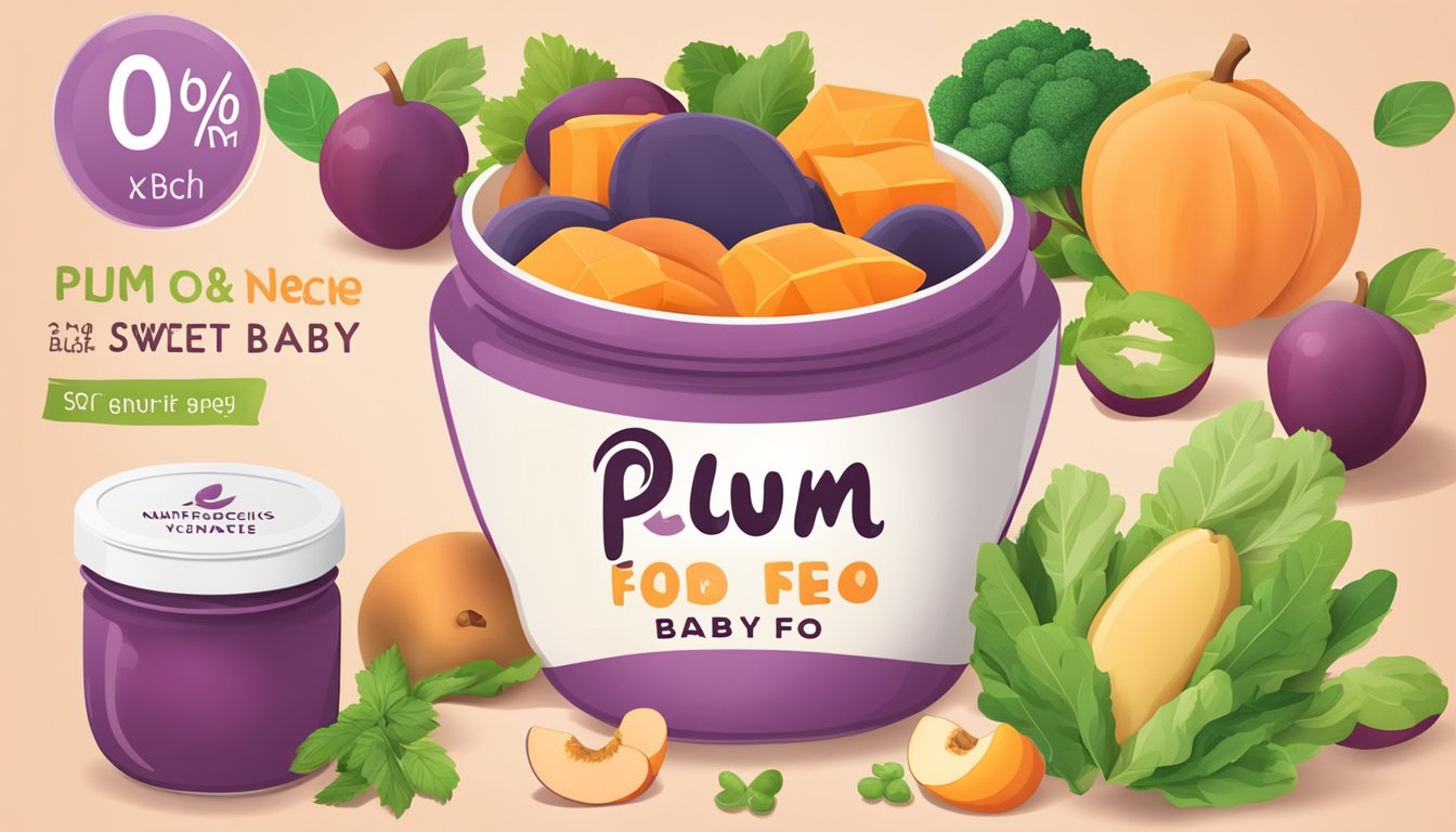 A colorful bowl of Plum Organics sweet potato and peach baby food, surrounded by fresh fruits and vegetables, with a label displaying its nutritional value