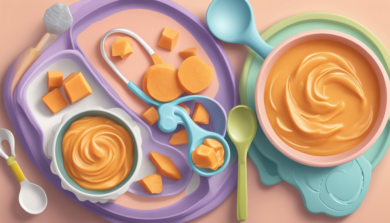 A spoonful of sweet potato and peach baby food sits on a high chair tray, surrounded by colorful baby-friendly utensils and a cheerful bib