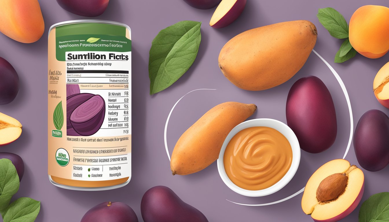 A bowl of plum organics sweet potato and peach baby food surrounded by fresh sweet potatoes and peaches, with a list of key ingredients and nutritional benefits displayed nearby