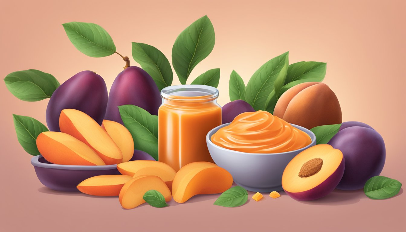 A colorful bowl of plum organics sweet potato and peach baby food surrounded by fresh sweet potatoes and peaches