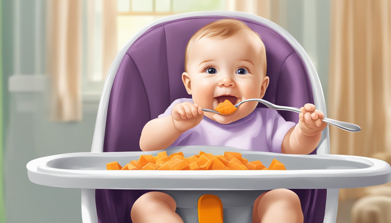 A spoonful of Plum Organics sweet potato and peach baby food being fed to a happy, open-mouthed baby in a high chair