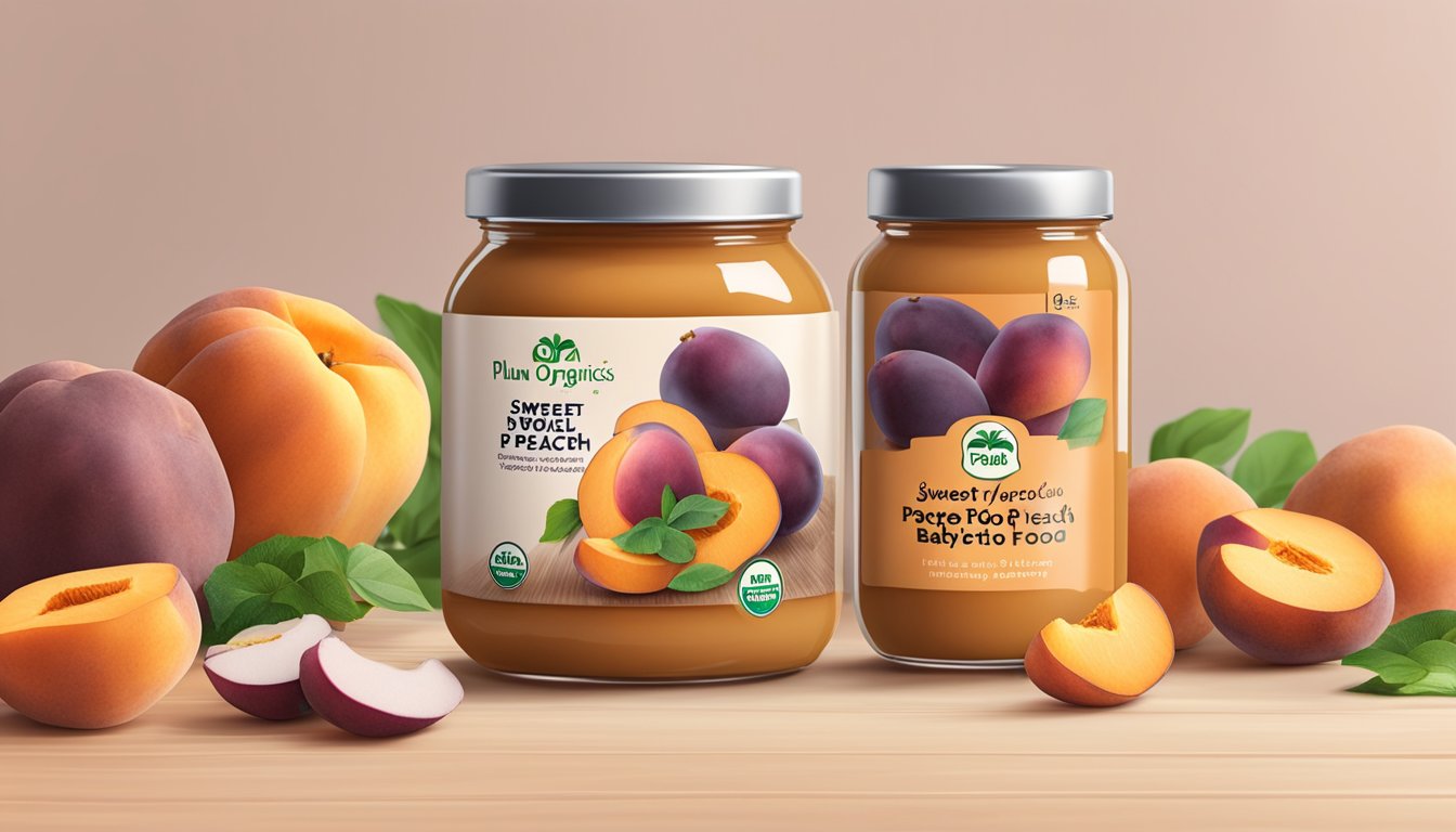 A jar of Plum Organics sweet potato and peach baby food surrounded by fresh sweet potatoes and peaches, with clear storage and preparation instructions displayed nearby