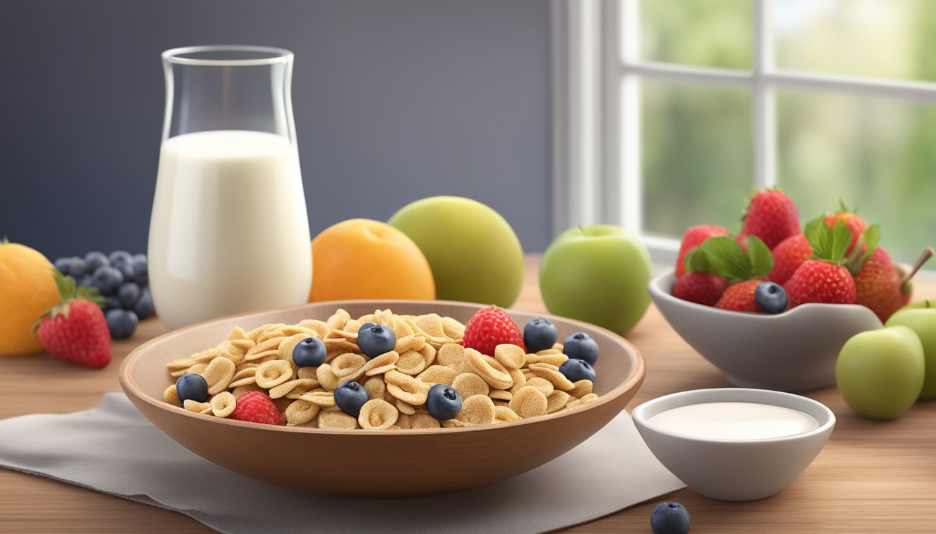 A bowl of NurturMe organic power blend cereal surrounded by fresh fruit and a glass of milk on a wooden table