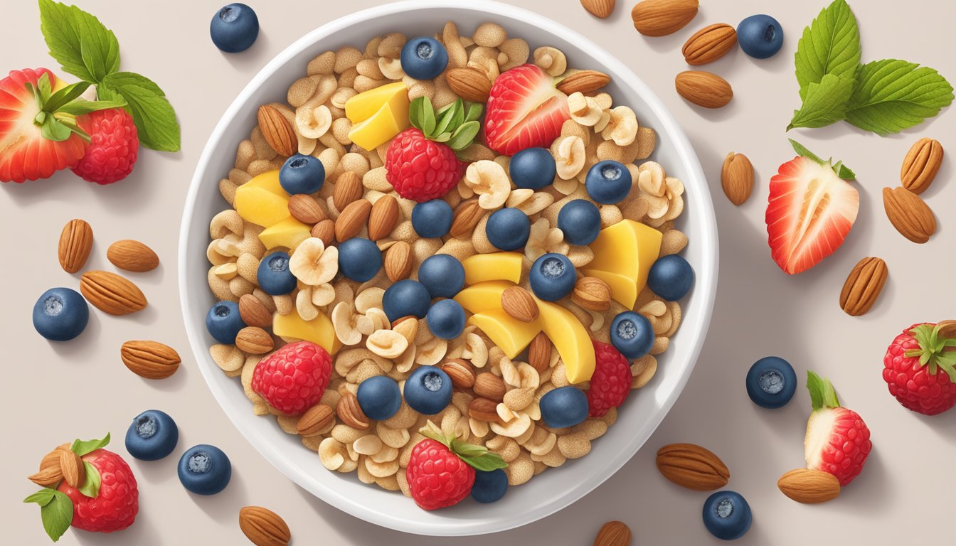 A bowl of NurturMe organic power blend cereal surrounded by fresh fruits and nuts