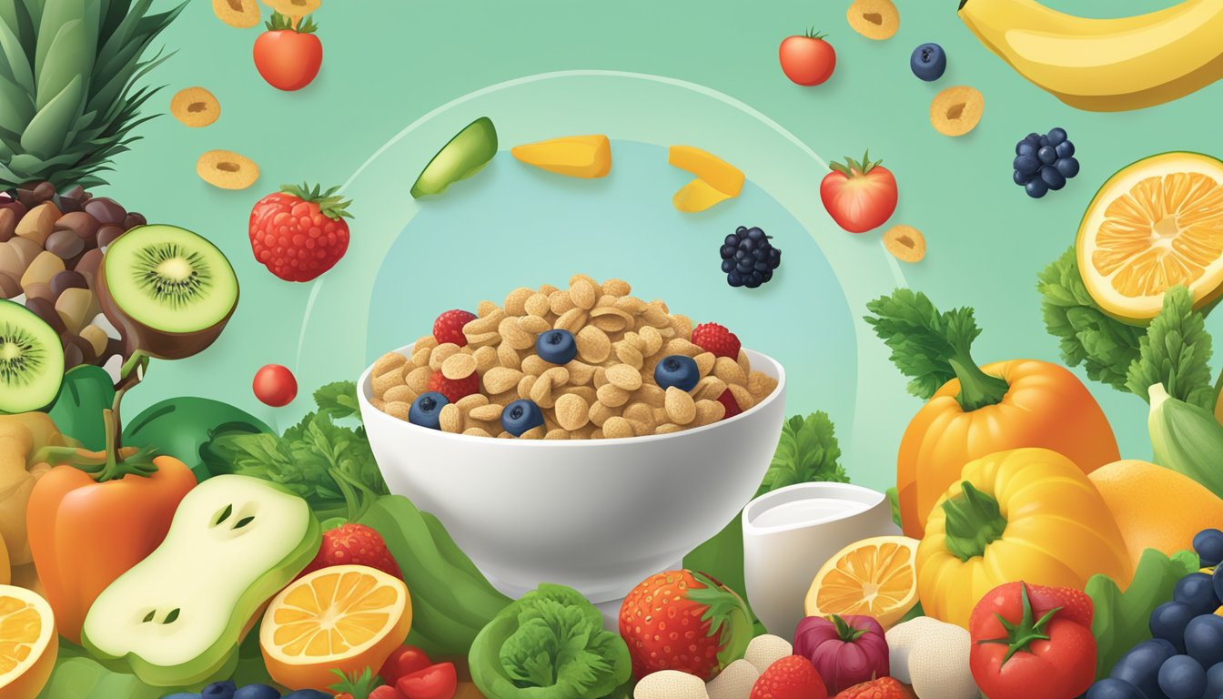 A bowl of NurturMe Organic Power Blend cereal surrounded by various fruits and vegetables, with a cautionary allergy label displayed prominently