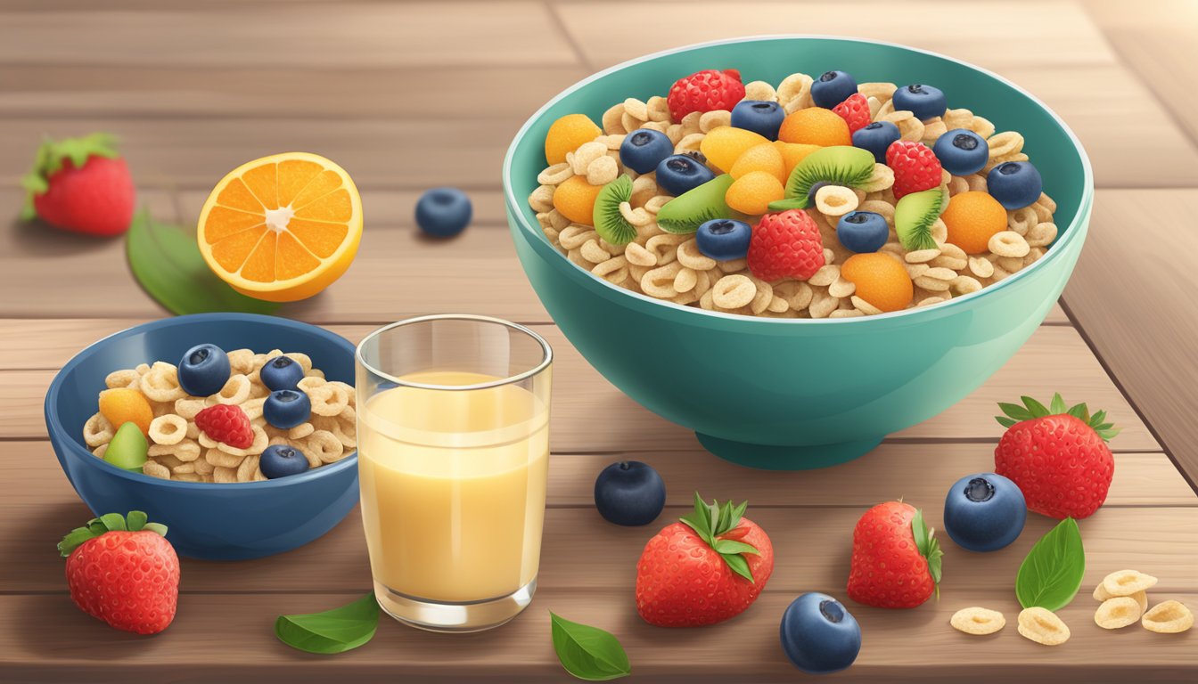 A bowl of NurturMe Organic Power Blend cereal surrounded by fresh fruits and a glass of milk on a wooden table