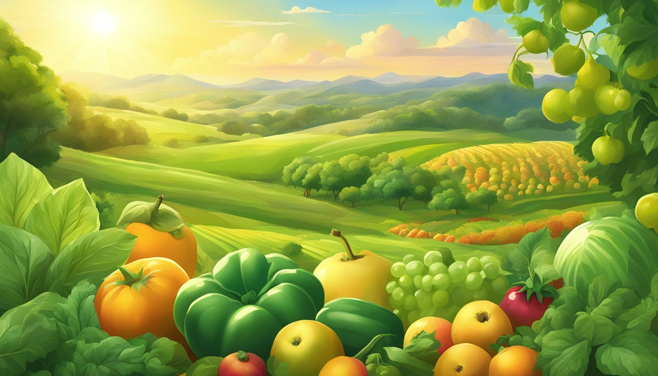 A lush green field with a golden sun shining down, surrounded by vibrant fruits and vegetables, all basking in the warm glow of nature