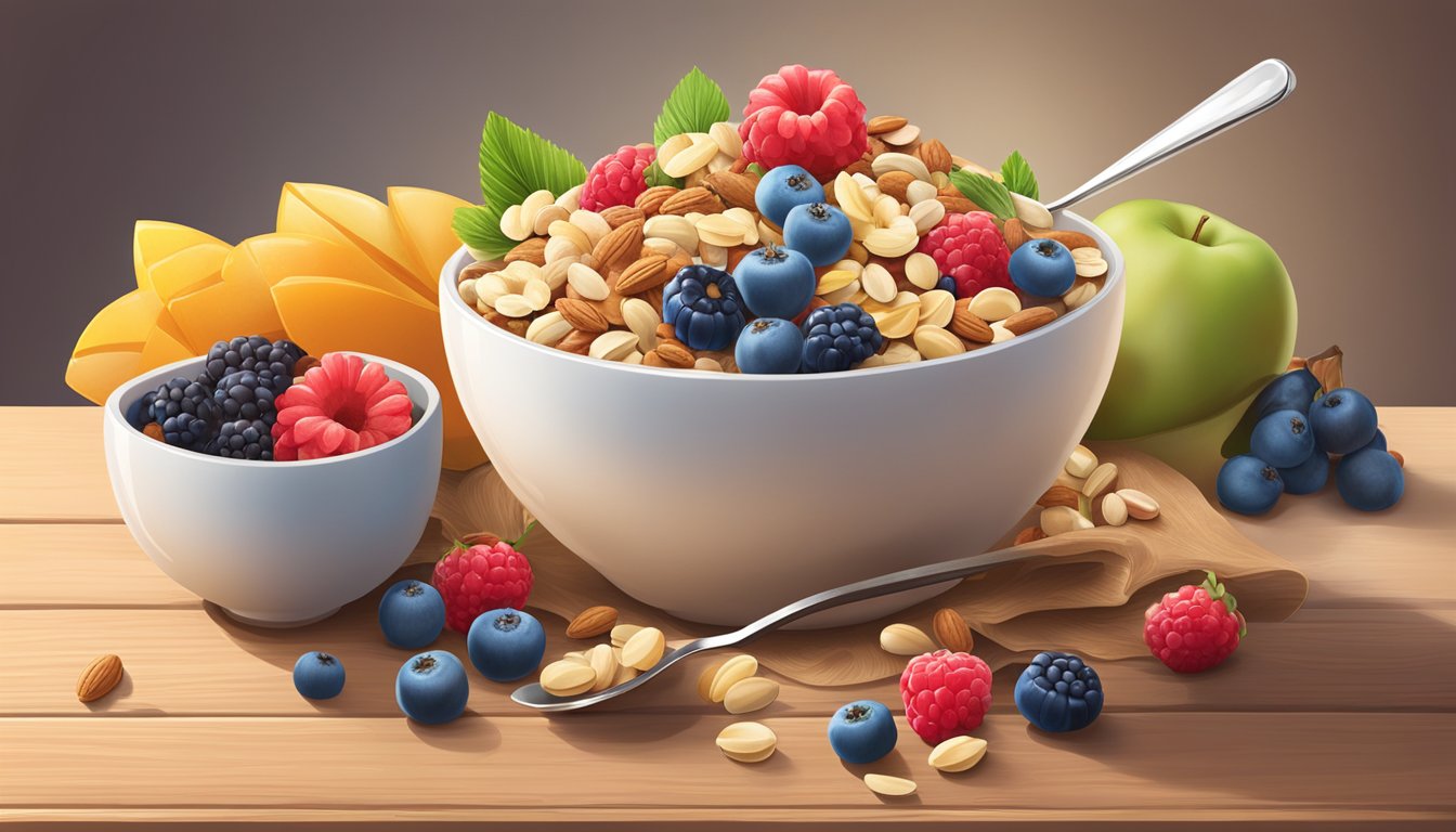 A bowl of NurturMe Organic Power Blend cereal surrounded by fresh fruits and nuts on a wooden table