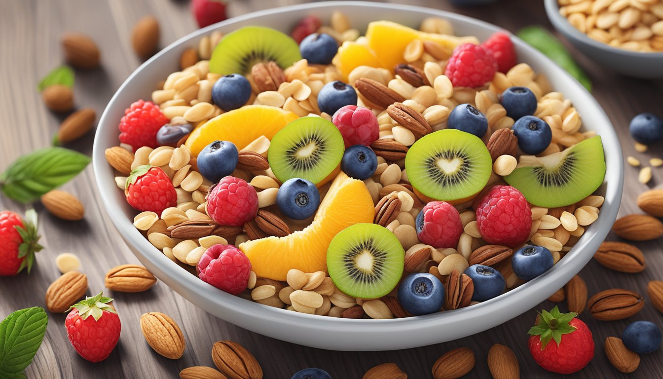 A bowl of NurturMe Organic Power Blend cereal surrounded by a variety of fresh fruits and nuts on a wooden table