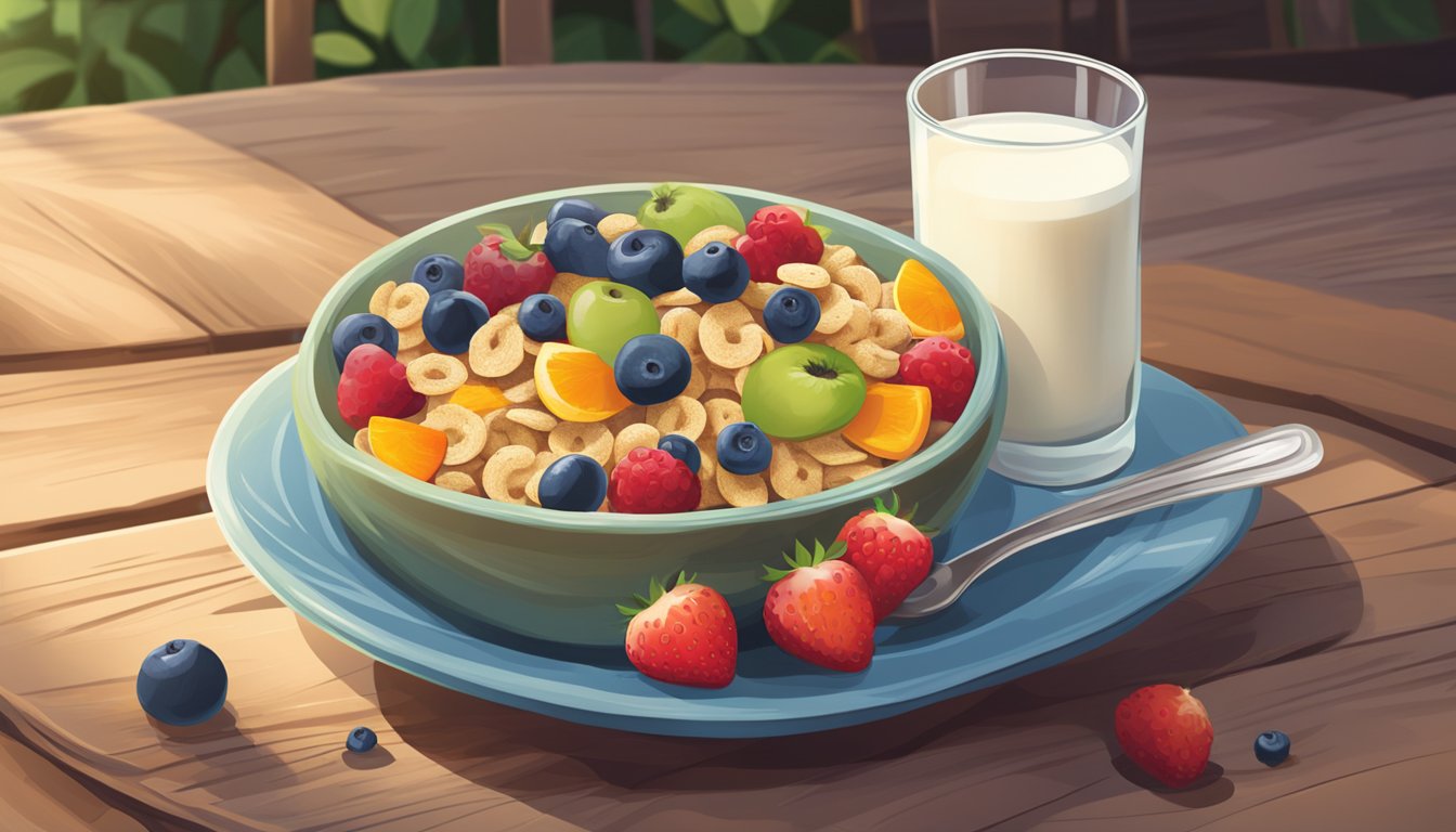 A bowl of NurturMe Organic Power Blend Cereal with fresh fruit and a glass of milk on a rustic wooden table