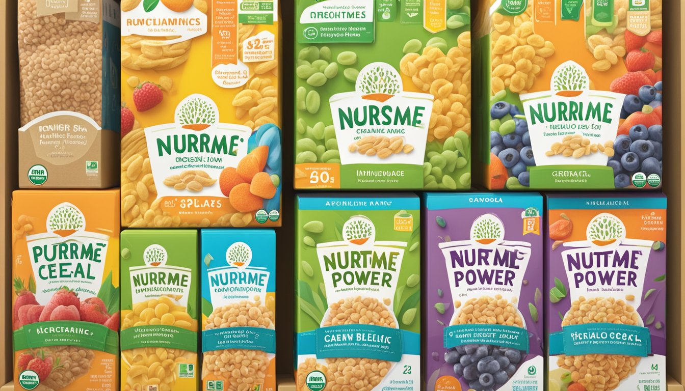 A colorful display of NurturMe Organic Power Blend Cereal boxes on a grocery store shelf, with clear pricing and availability labels