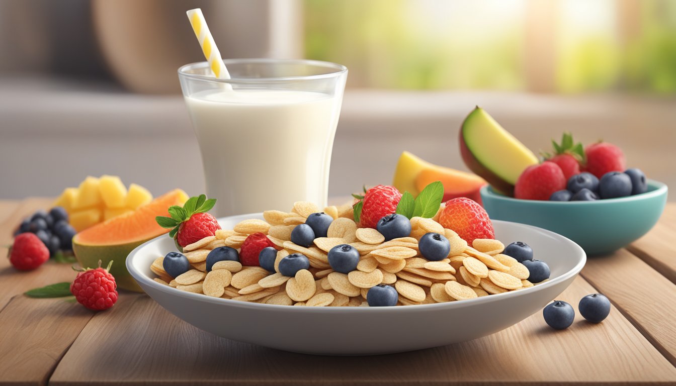 A bowl of NurturMe Organic Power Blend cereal surrounded by fresh fruits and a glass of milk on a wooden table