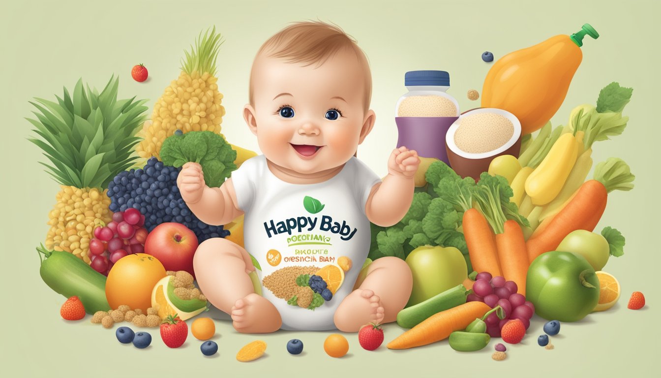 A cheerful baby surrounded by colorful fruits, vegetables, and grains, with a bottle of Happy Baby Organic Probiotic Oatmeal in the foreground