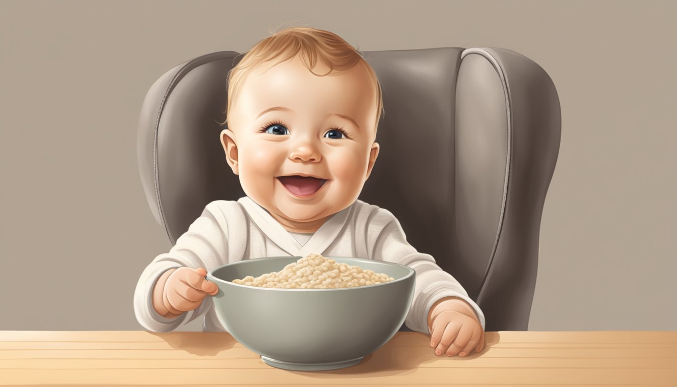 A smiling baby sitting in a high chair, eagerly eating a bowl of organic probiotic oatmeal