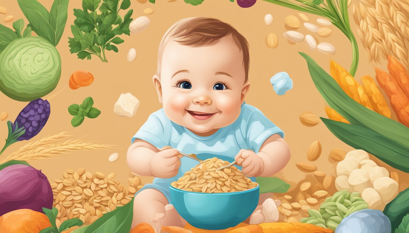 A smiling baby surrounded by colorful and vibrant organic oatmeal ingredients, with a prominent probiotic symbol