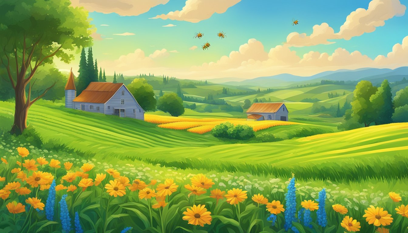 A lush green farm with rolling fields of oats under a bright blue sky, surrounded by vibrant wildflowers and buzzing bees