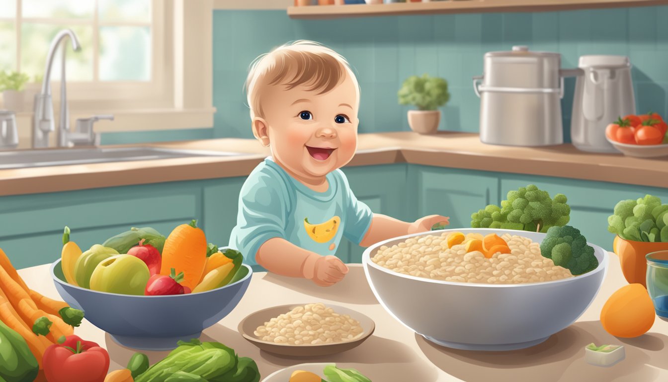 A smiling baby reaching for a bowl of organic probiotic oatmeal surrounded by fresh fruits and vegetables