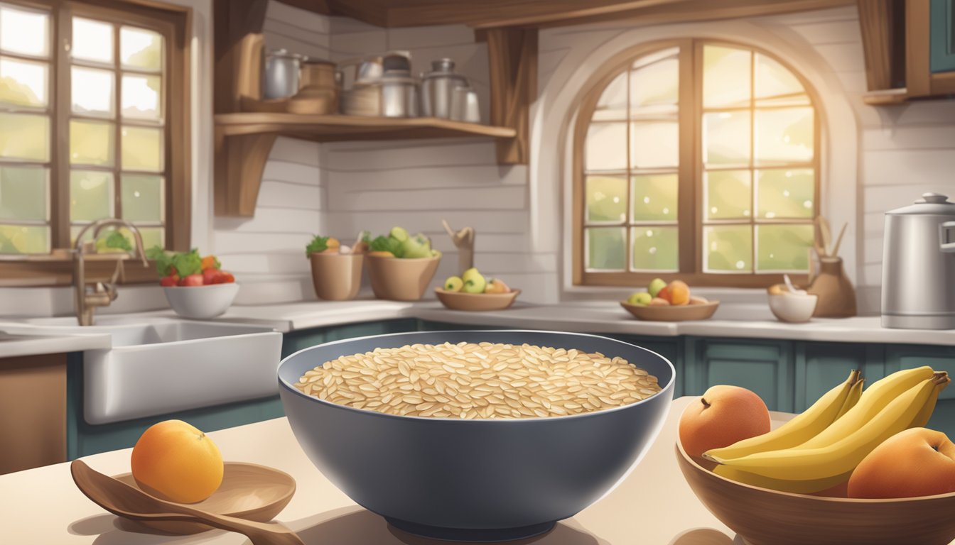 A cozy farmhouse kitchen with a bowl of organic baby oats surrounded by fresh fruits and milk