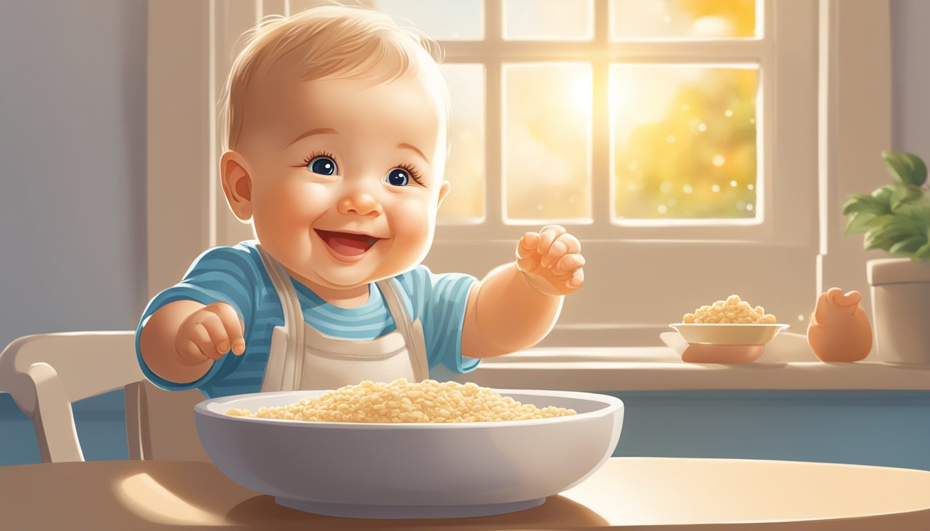 A smiling baby sits in a high chair, reaching eagerly for a bowl of Happy Baby organic probiotic oatmeal. The sun shines through a window, casting a warm glow on the scene