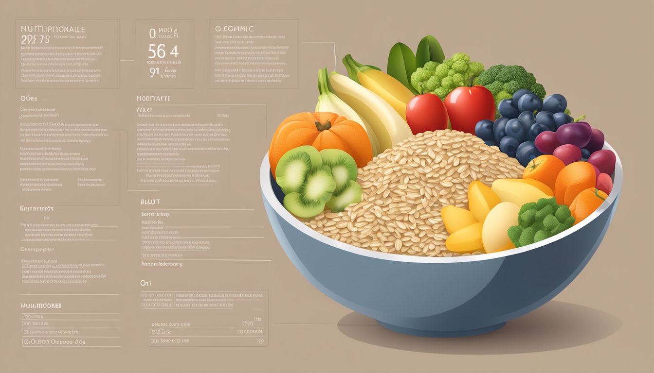 A bowl of organic baby oats surrounded by fresh fruits and vegetables, with a clear label displaying advanced nutritional information