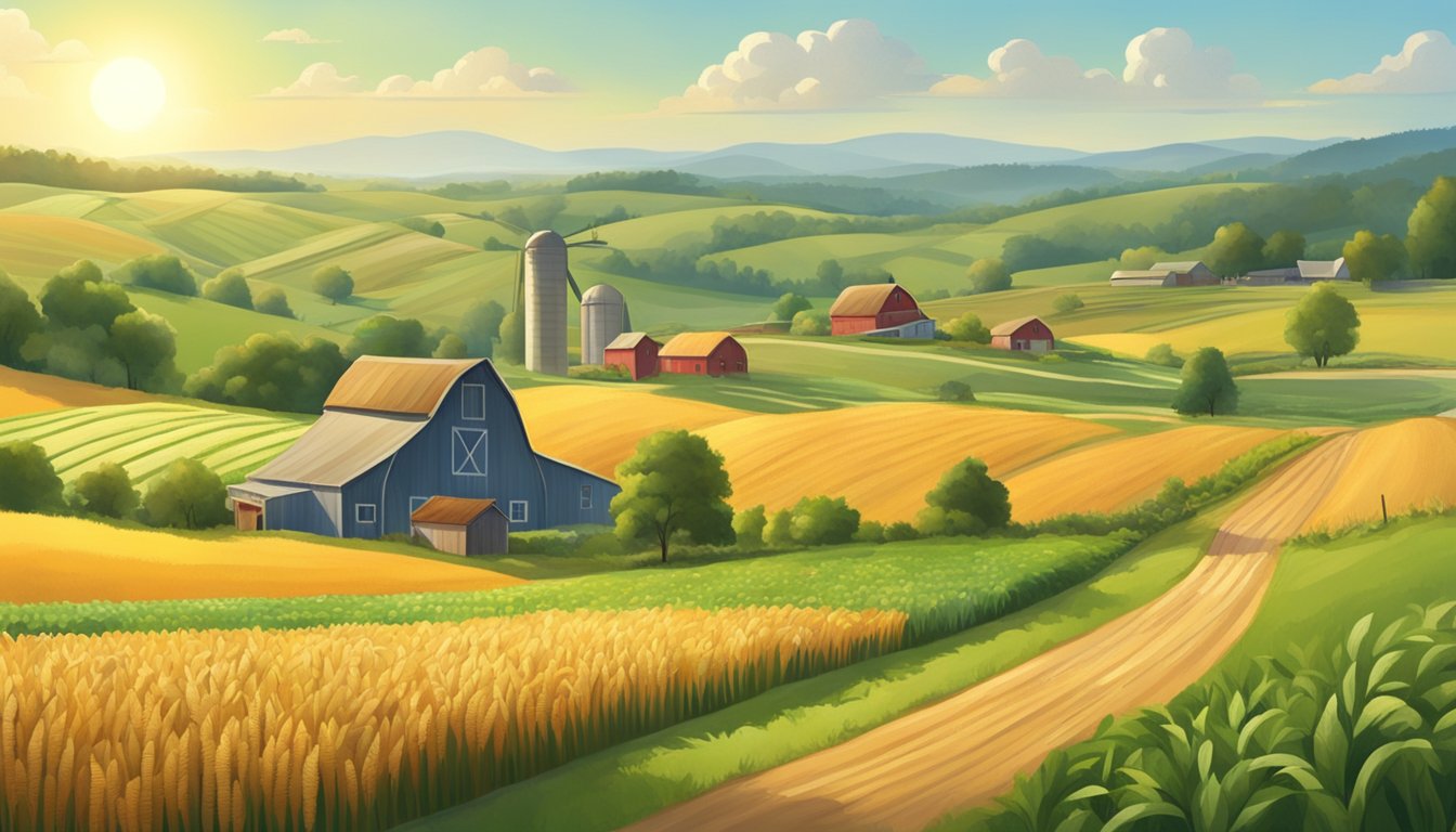 A lush, sunlit farm with rolling fields of organic oats, surrounded by a diverse array of crops and livestock. The scene exudes sustainability and harmony with nature