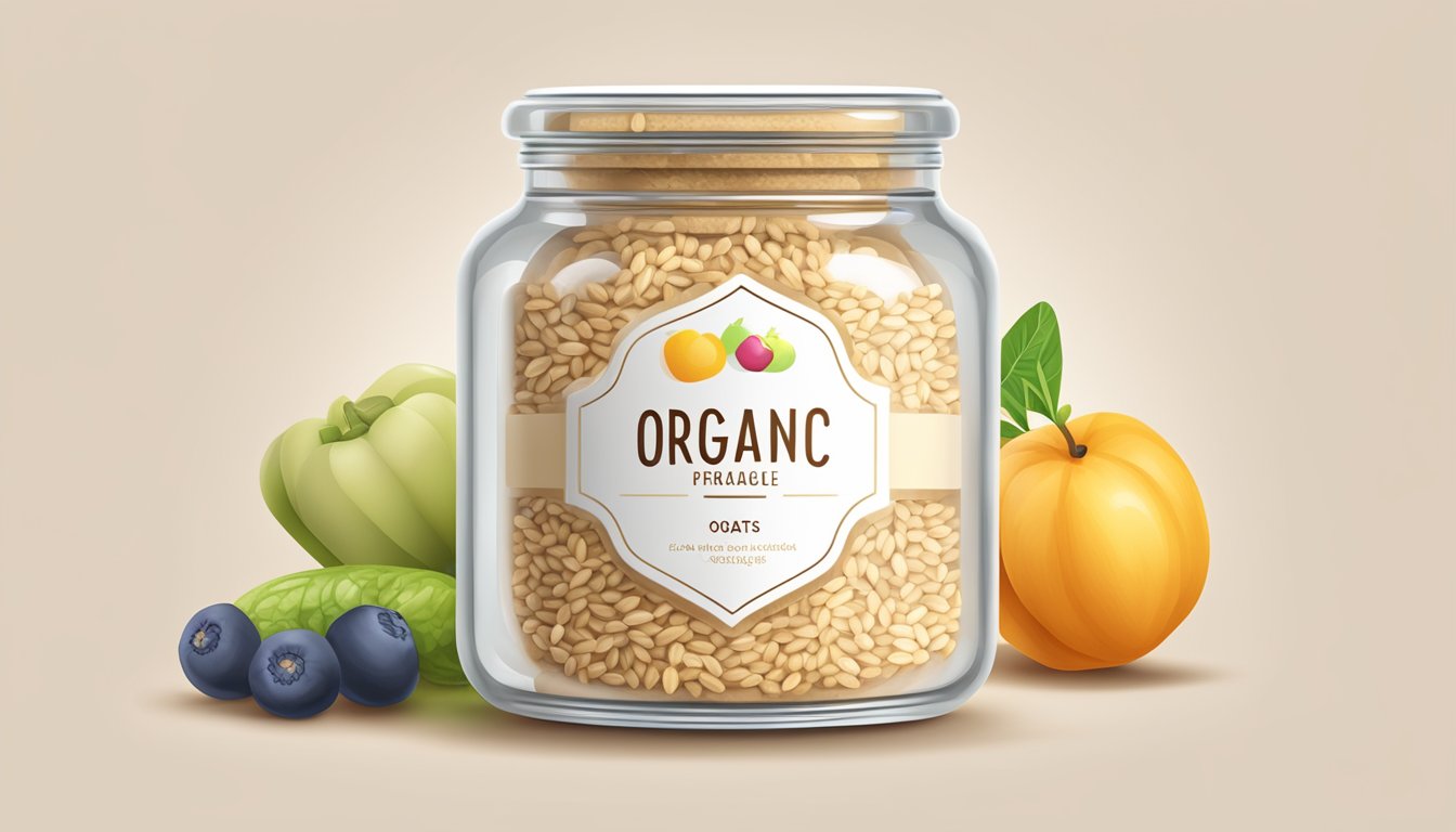 A clear glass jar of organic baby oats with a simple, transparent label. The packaging is surrounded by fresh, ripe fruits and vegetables