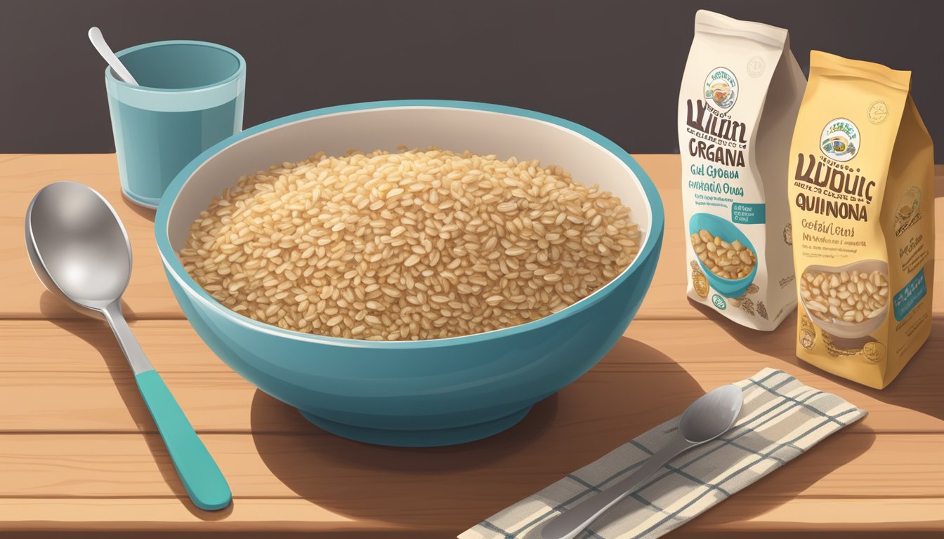 A bowl of wutsupbaby cereal sits on a wooden table, surrounded by a spoon, measuring cup, and a bag of organic wholegrain brown rice and quinoa