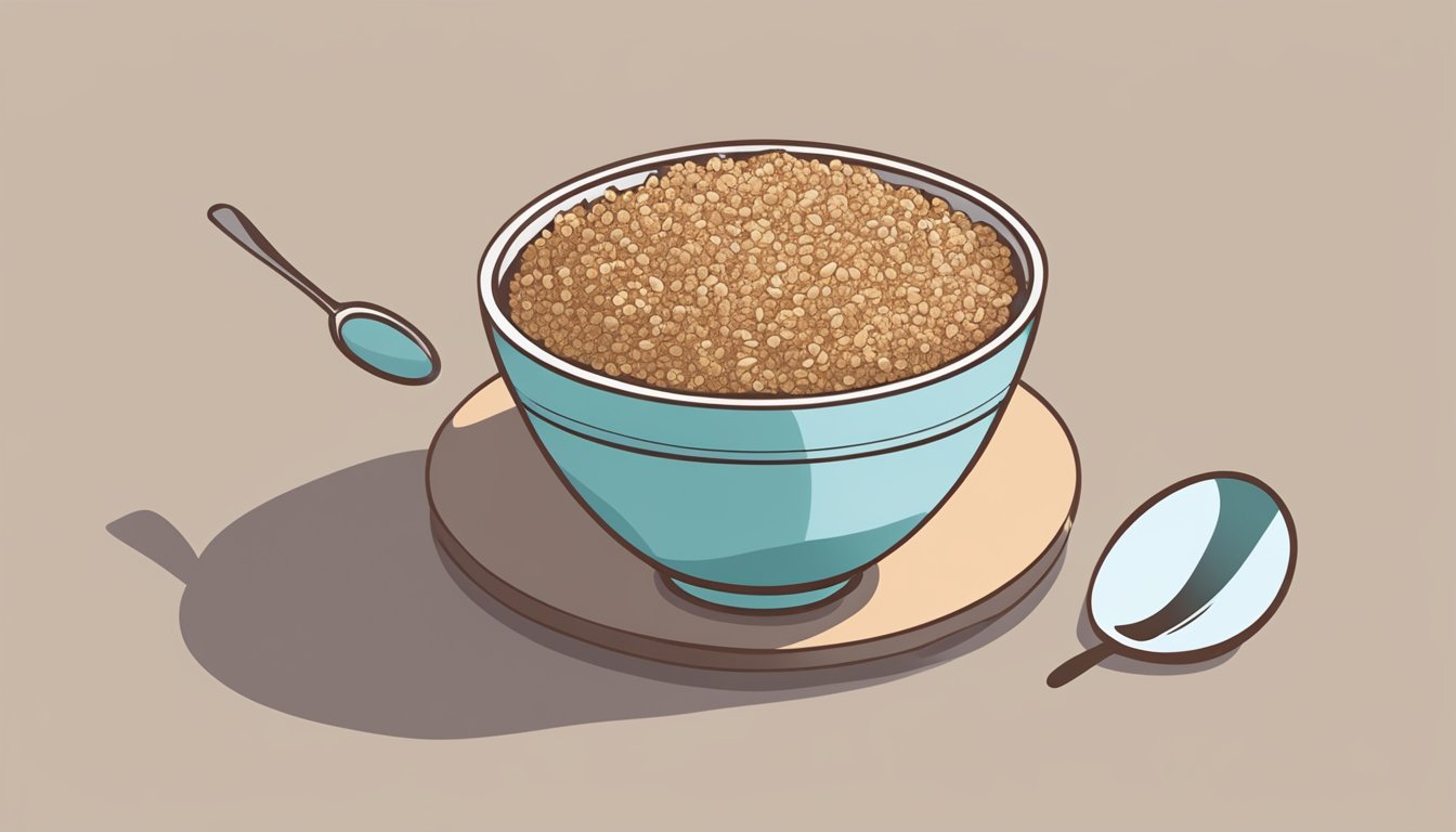 A bowl of wutsupbaby cereal surrounded by wholegrain brown rice and quinoa, with a spoon resting beside it