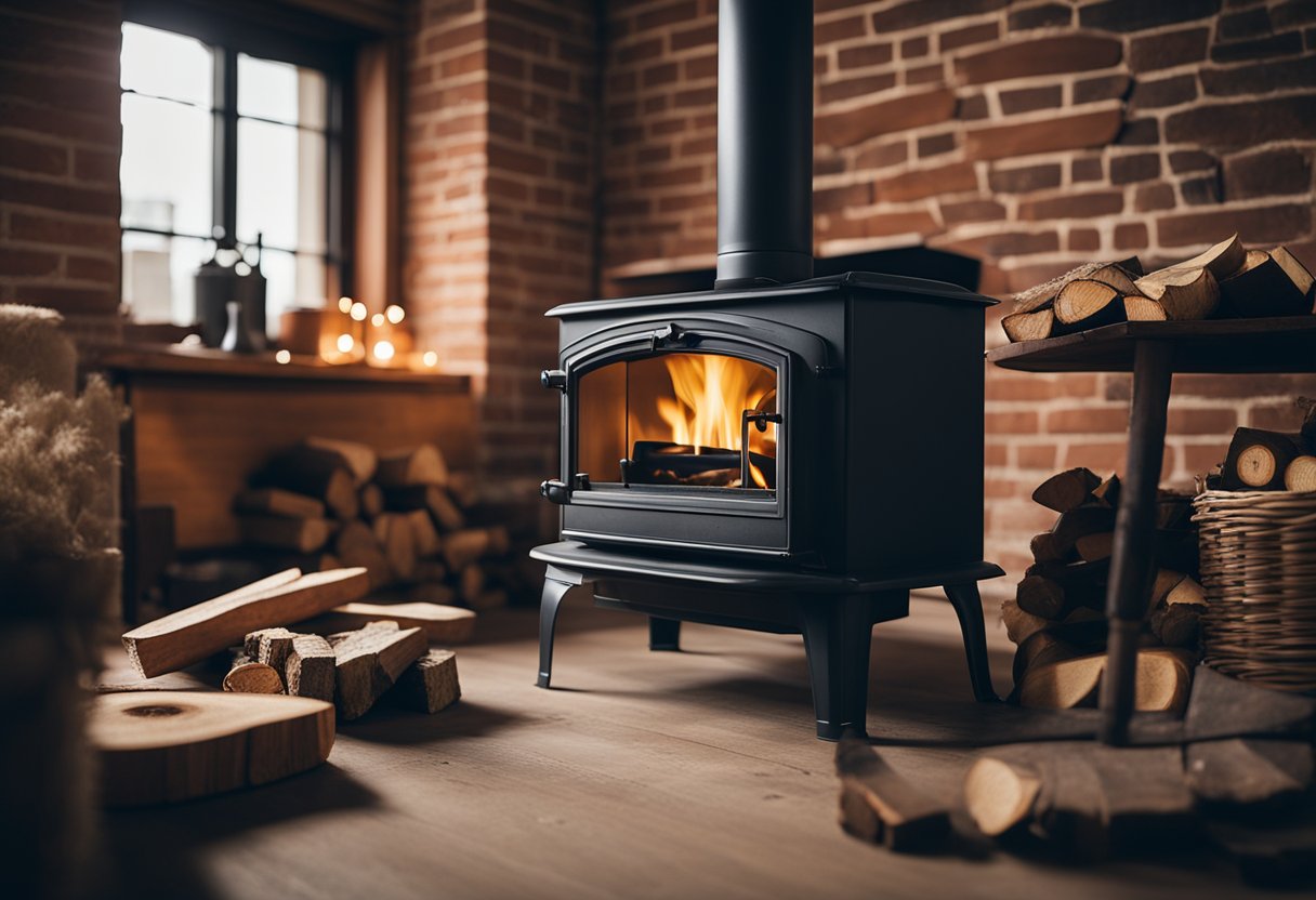 A wood burning stove being installed in a cozy, rustic living room with exposed brick walls and a stack of firewood nearby