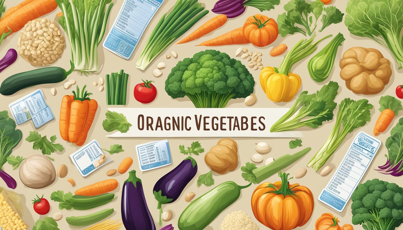 A colorful array of organic vegetables and grains arranged around a central nutrition label