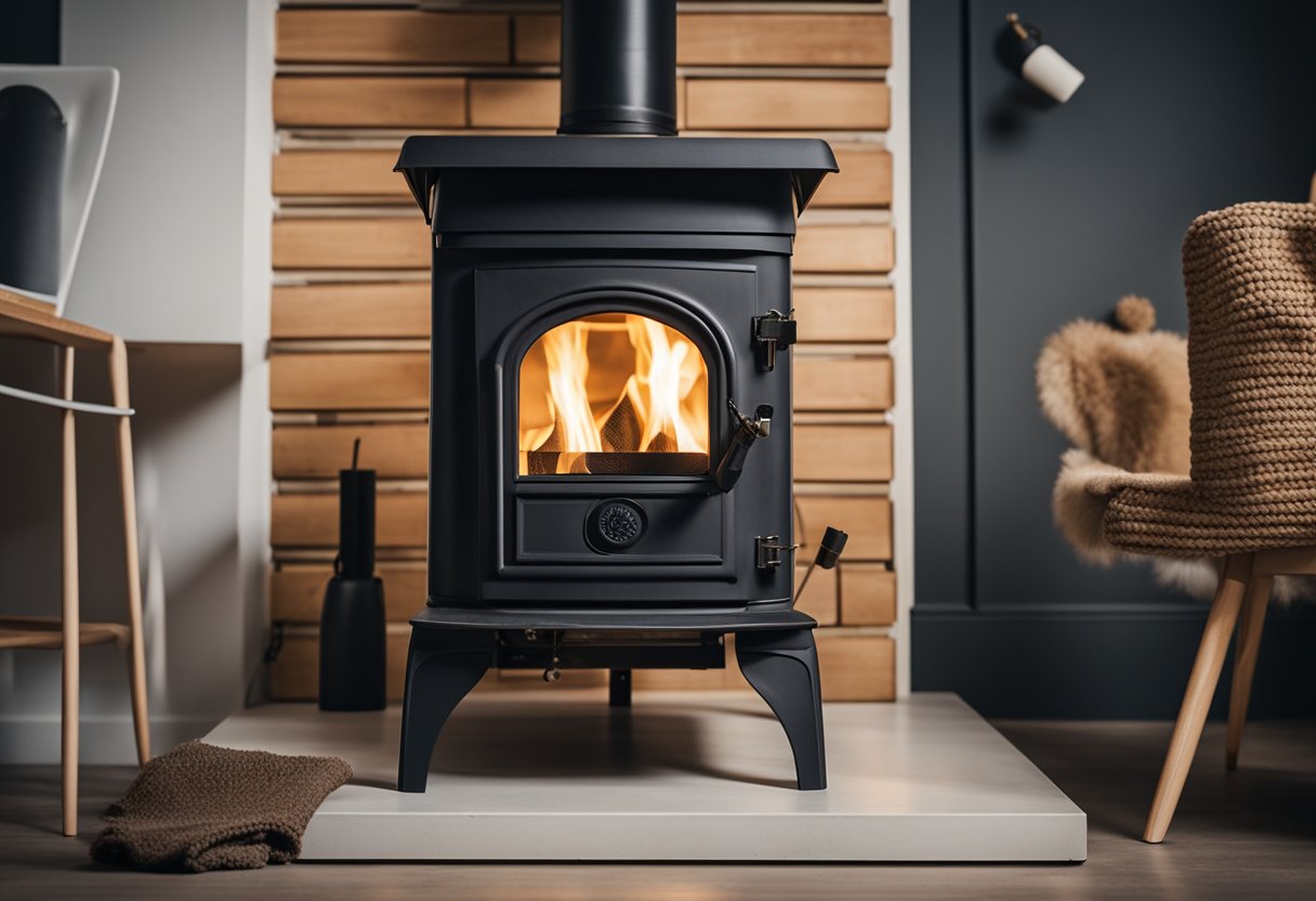 A wood burning stove being installed in a home, with a focus on safety and adherence to building regulations