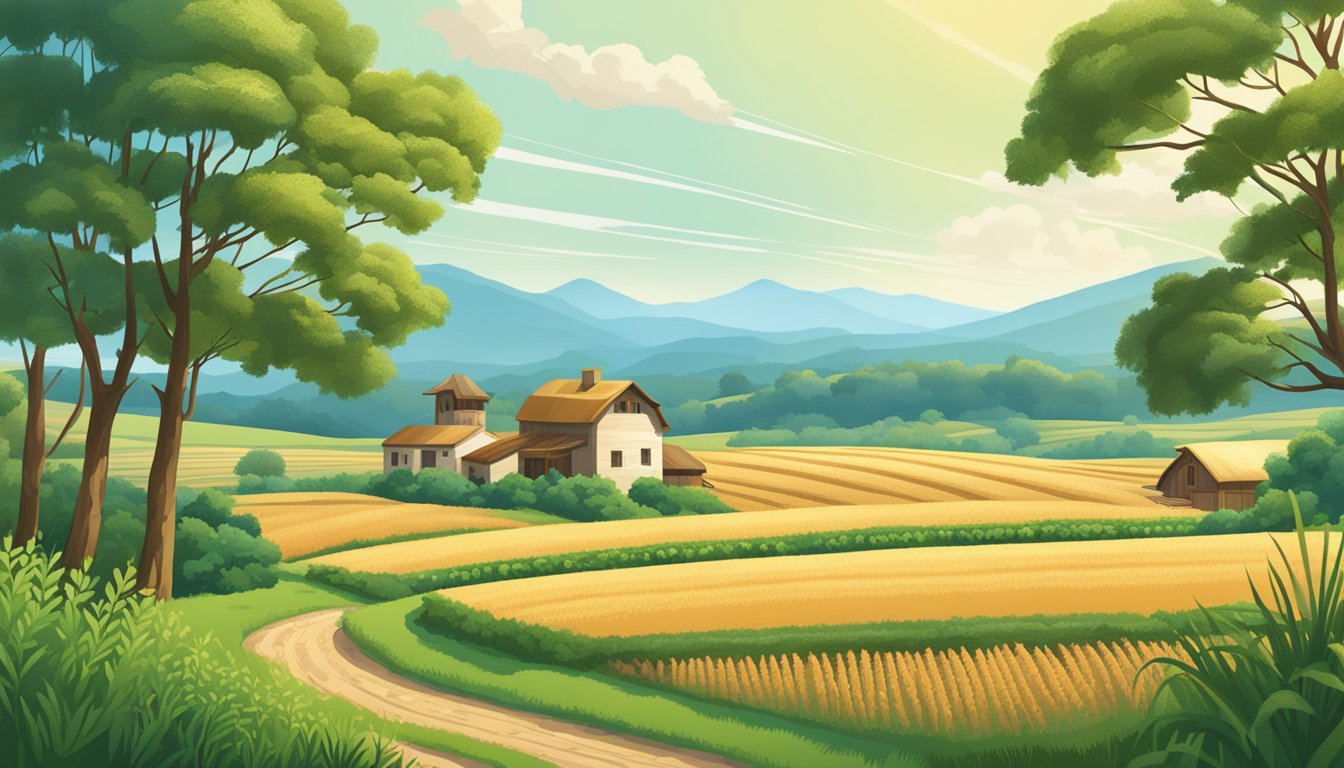 A serene farm with rolling fields of brown rice and quinoa, surrounded by lush greenery and clear blue skies