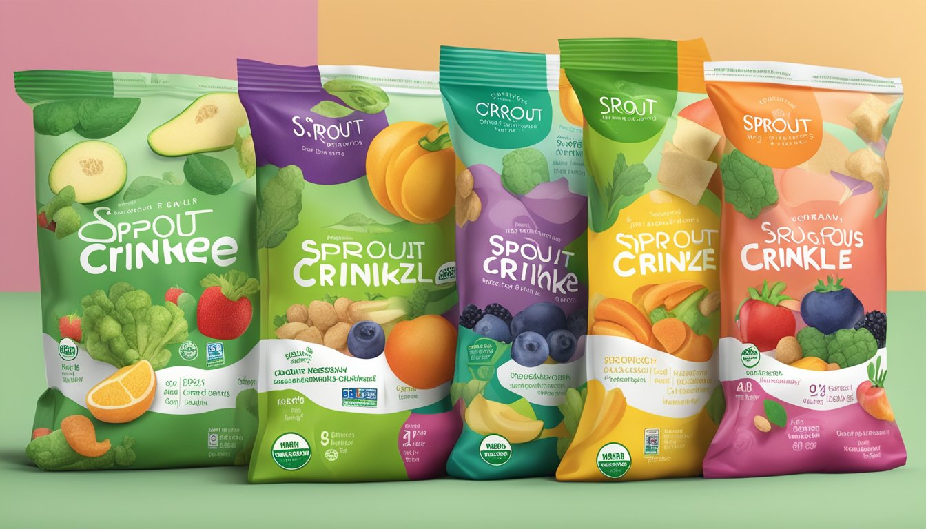 A colorful package of Sprout Organic Crinklez toddler snacks surrounded by various fruits and vegetables, with a focus on the nutritional facts label