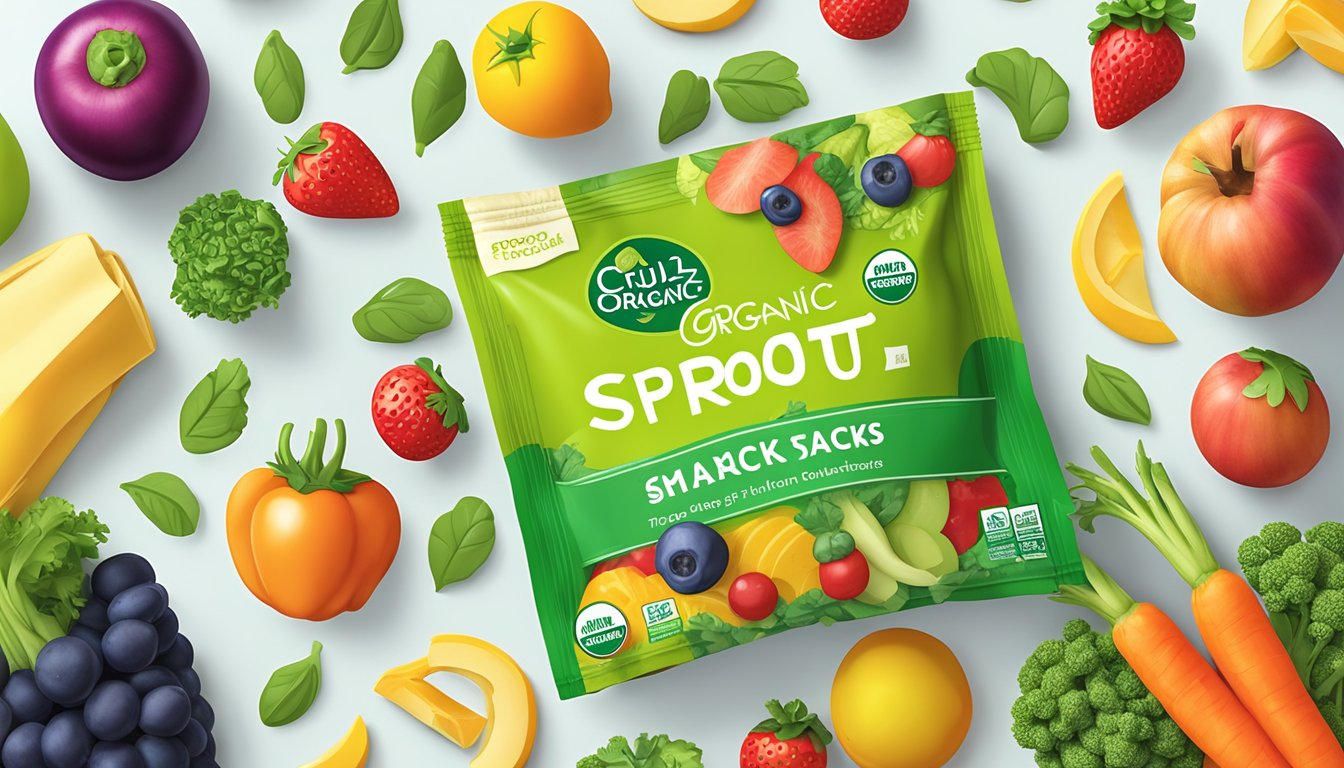 A colorful bag of Sprout Organic Curlz toddler snacks surrounded by fresh, vibrant vegetables and fruits, with a clear nutrition label