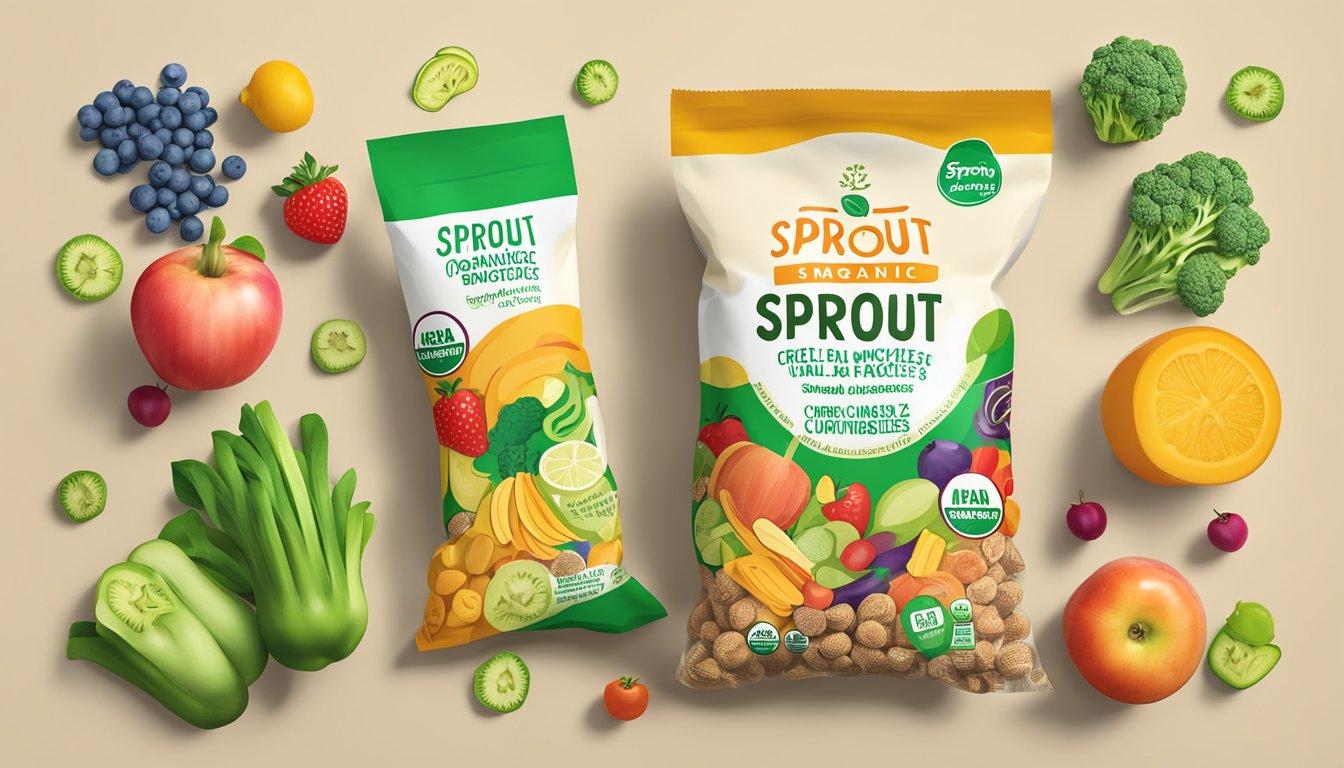 A colorful bag of Sprout Organic Curlz toddler snacks surrounded by fresh fruits and vegetables, with a clear view of the nutrition facts label