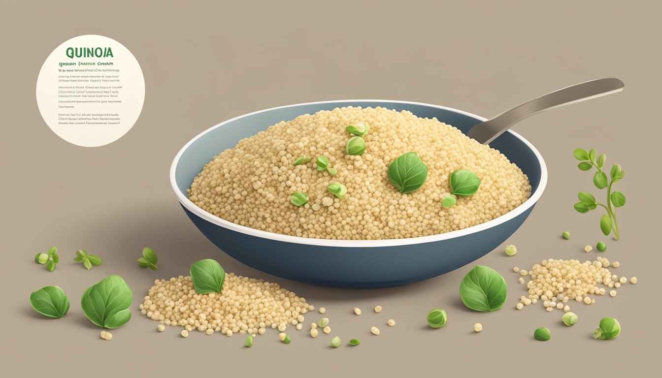 A bowl of Sprout Organic Quinoa Puffs surrounded by scattered quinoa grains and a few sprouts, with a measuring spoon and nutrition label nearby