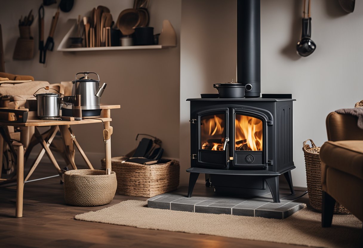 A wood burning stove is being finalized and tested in a cozy living room, surrounded by tools and equipment