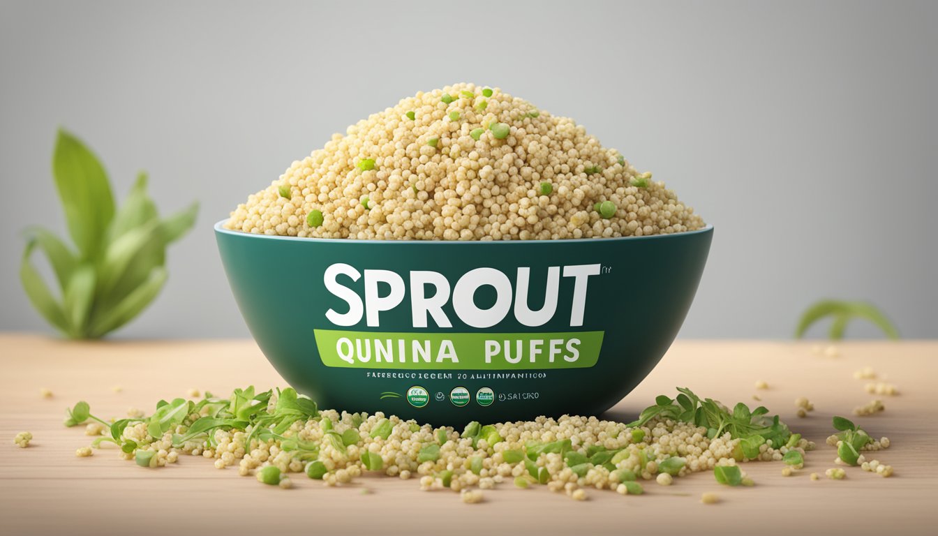 A bowl of Sprout Organic Quinoa Puffs surrounded by scattered quinoa grains and a clear, easy-to-read allergen information label