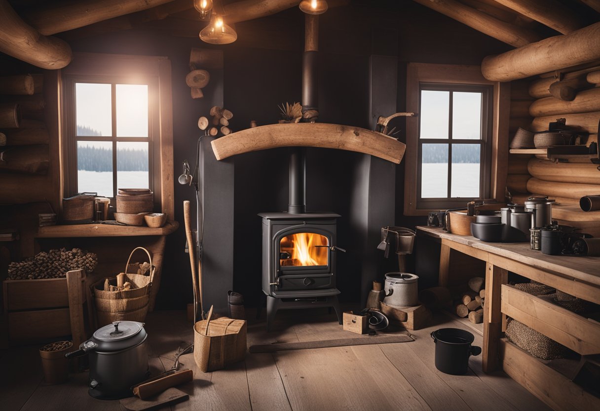 A person installing a wood burning stove in a rustic cabin, surrounded by tools, pipes, and instruction manuals