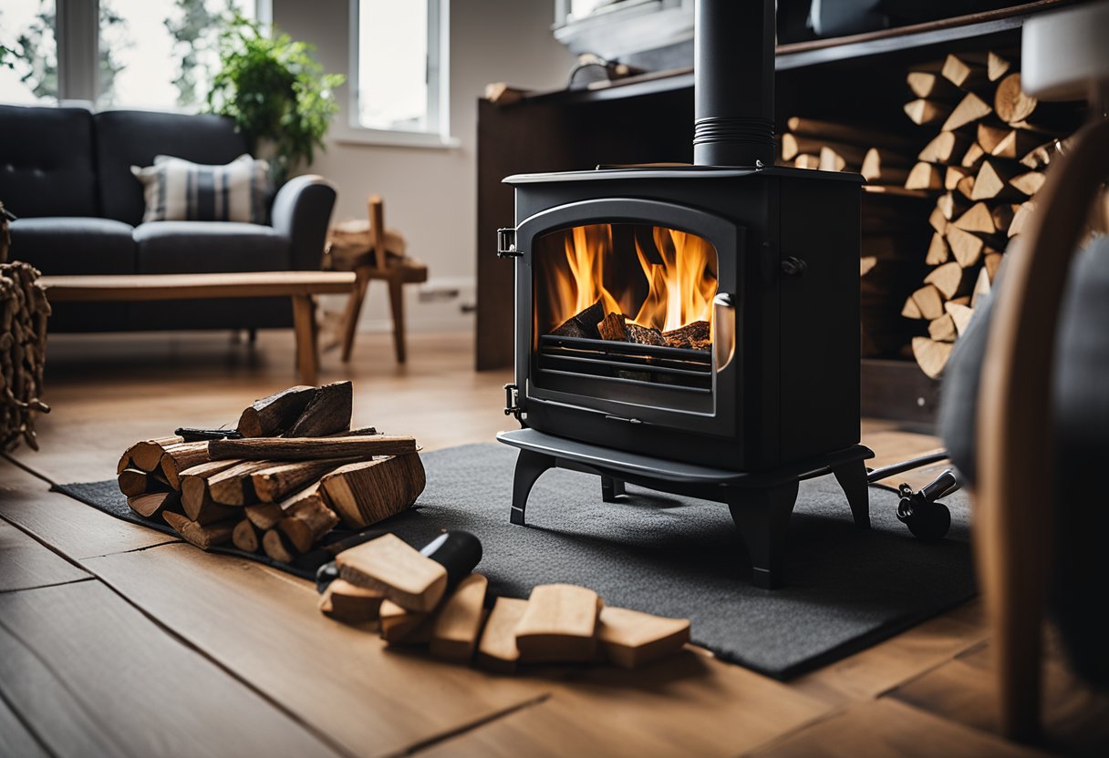 A wood burning stove being installed and maintained in a cozy living room with tools, firewood, and a clean, organized work area