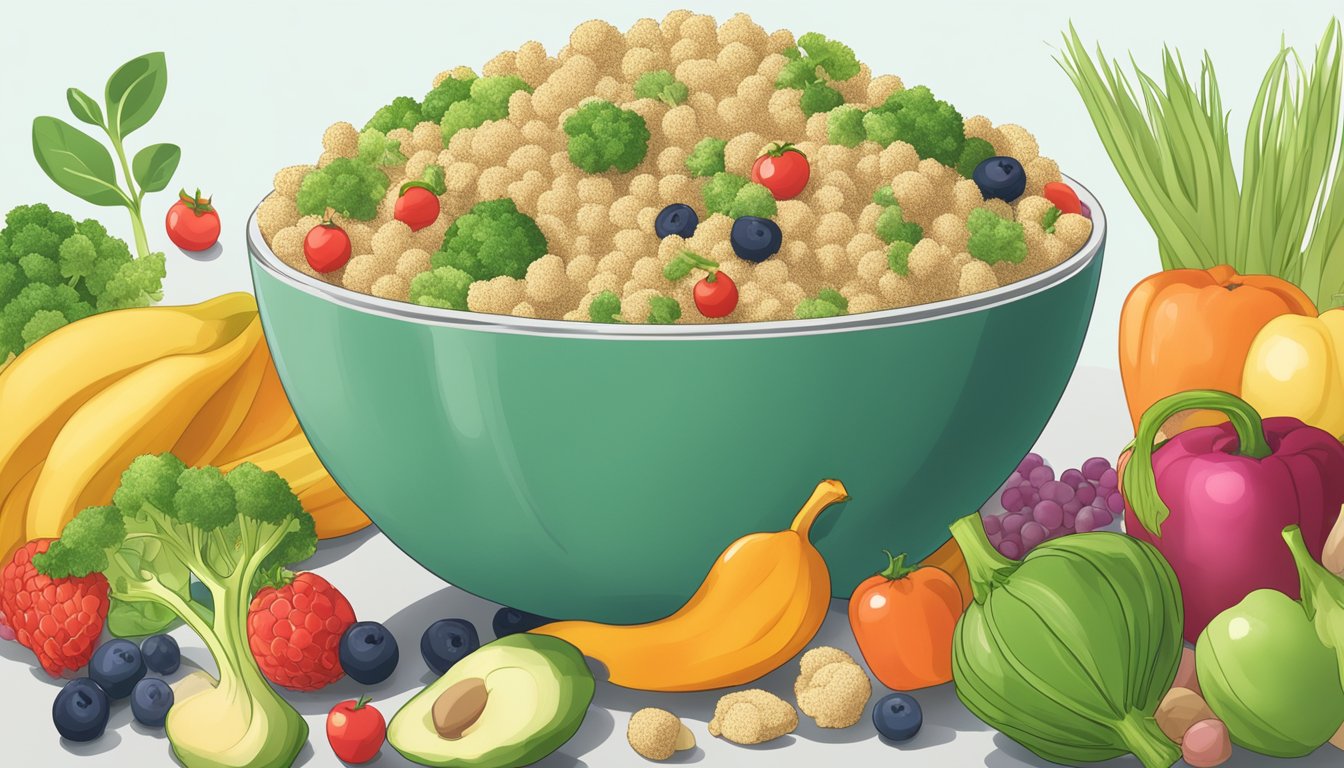 A bowl of Sprout Organic Quinoa Puffs surrounded by colorful fruits and vegetables, with a clear nutritional label in the background