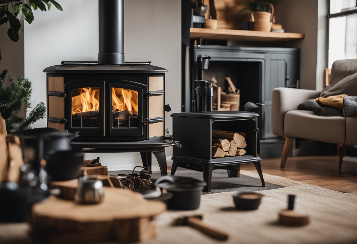 A professional installing a wood burning stove in a cozy living room, surrounded by tools and equipment