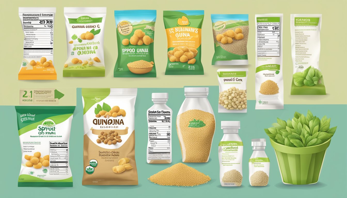 A table with various baby snack packages, including Sprout Organic Quinoa Puffs, surrounded by nutrition labels and a chart for comparison