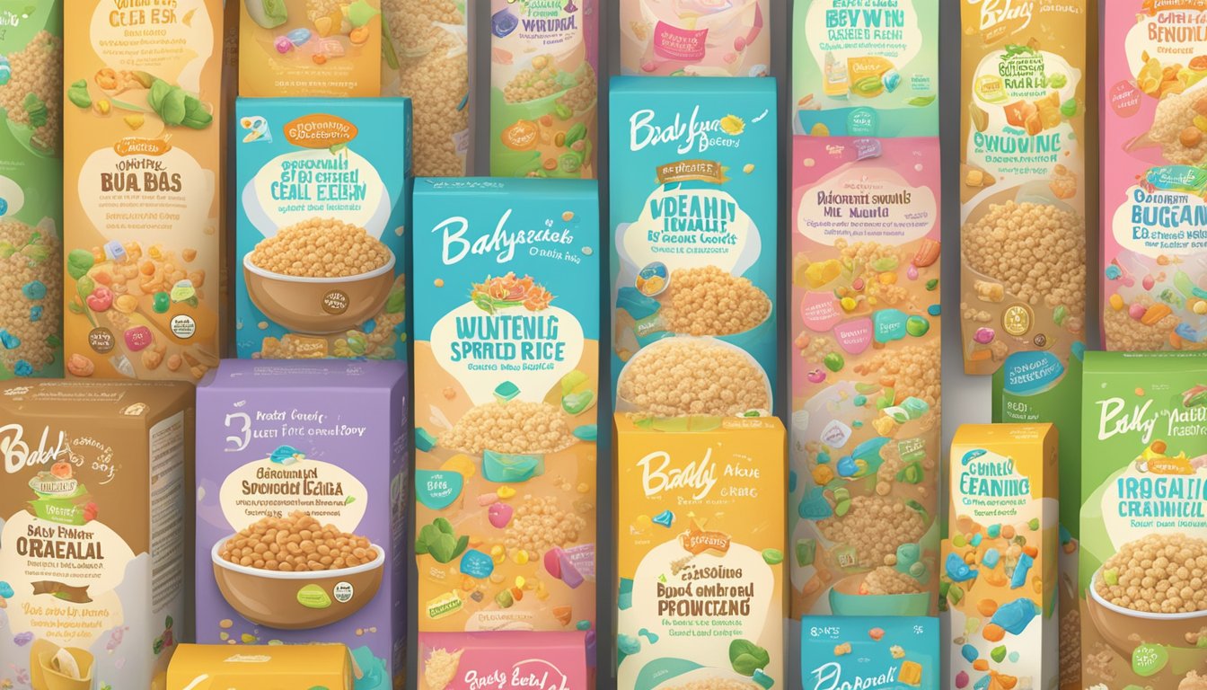 A colorful array of baby cereal boxes, with one standing out as "wutsupbaby organic sprouted brown rice cereal" in the center