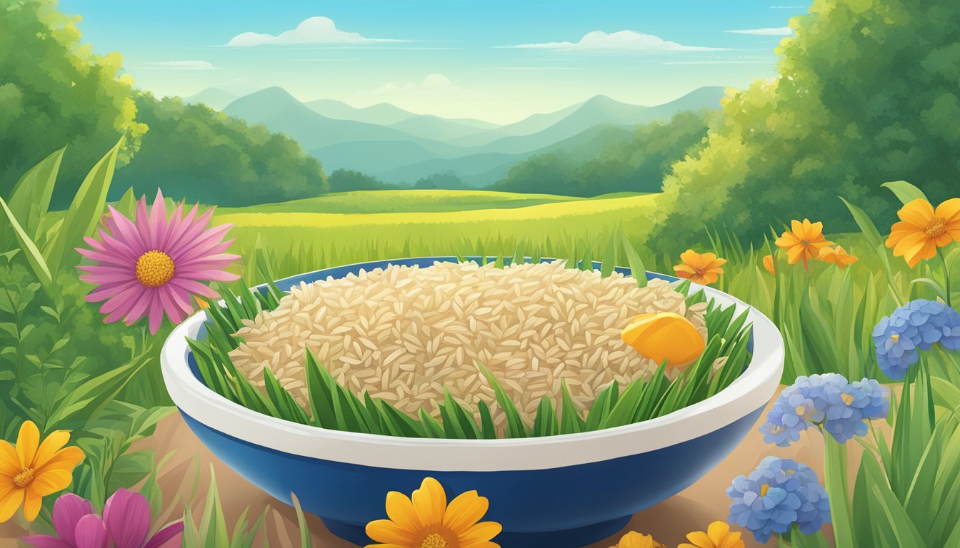 A lush green field with a clear blue sky, featuring a bowl of wutsupbaby organic sprouted brown rice cereal surrounded by vibrant, healthy plants and wildlife