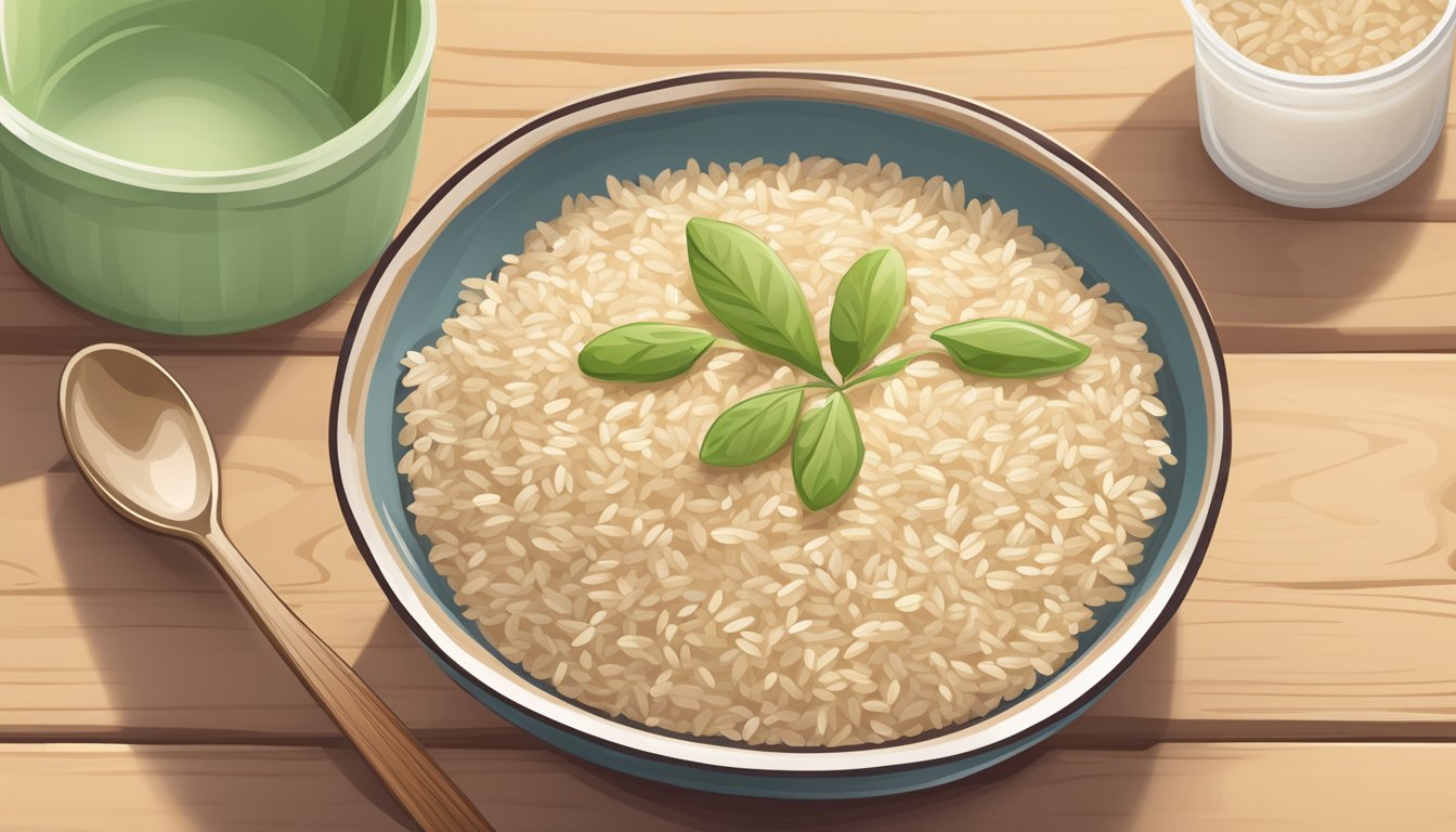 A bowl of organic sprouted brown rice cereal sits on a wooden table, surrounded by a spoon and a container of milk