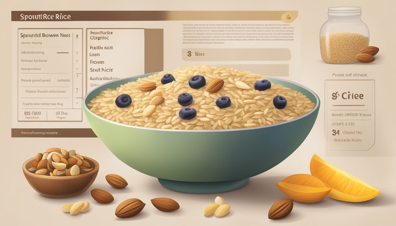 A bowl of organic sprouted brown rice cereal surrounded by various fruits and nuts, with a nutritional label in the background