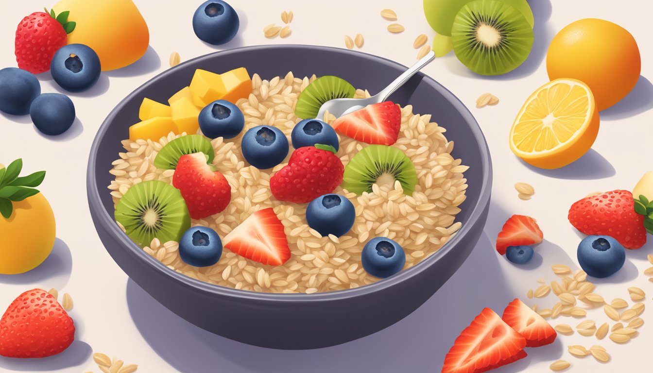 A colorful bowl of WutsupBaby organic sprouted brown rice cereal surrounded by fresh fruits and a spoon