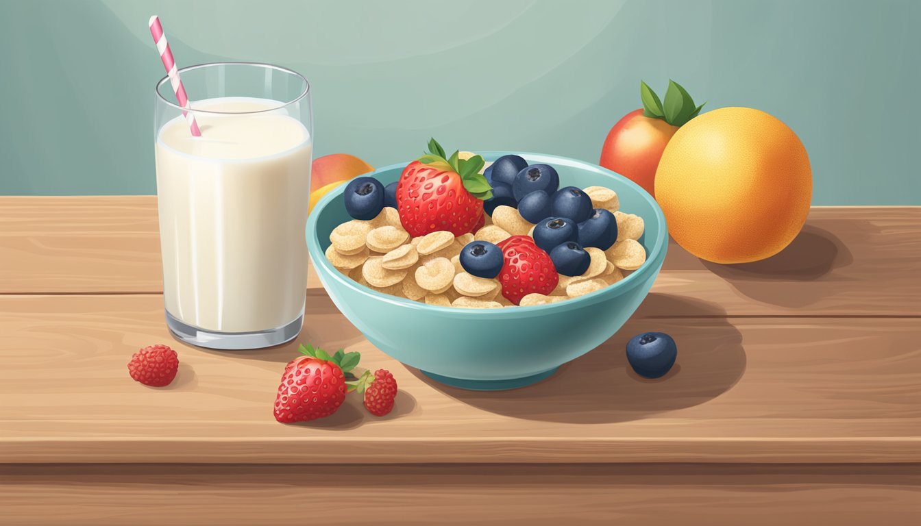 A bowl of NurturMe organic power blend cereal with probiotics surrounded by fresh fruits and a glass of milk on a wooden table